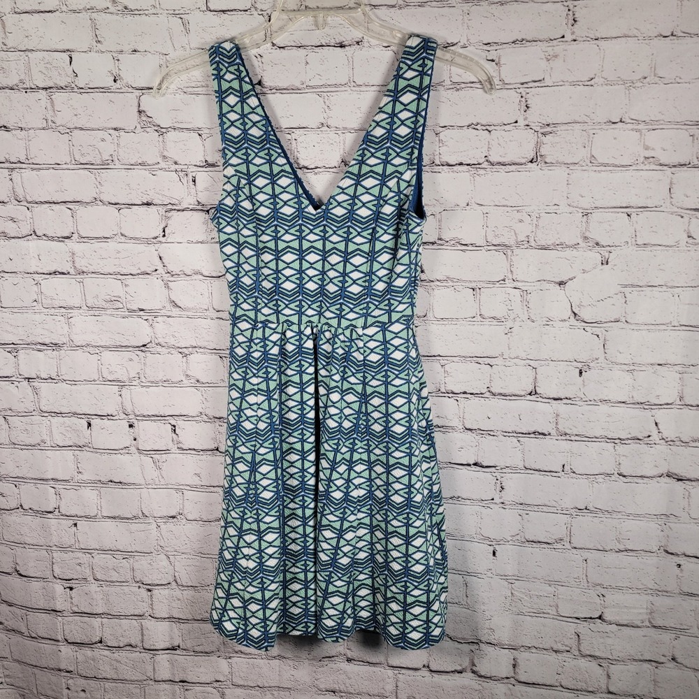 Anthropologie Maeve Dress Womens 4 Blue Mini Abstract V Neck Cut Out Tank A Line
